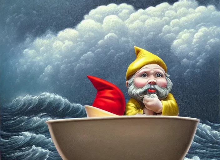 Image similar to a terrified garden gnome sailing in a bucket, background of raging ocean with huge waves on a stormy day with dramatic thunderhead clouds, an ultrafine detailed painting by mark ryden, trending on deviantart, pop surrealism, whimsical, lowbrow, rainy, perfect symmetrical face