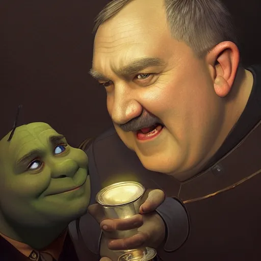 Image similar to Beautiful face Portrait of Shrek and Adolf Hitler drinking together and laughing, powerful , magic, thunders, dramatic lighting, intricate, wild, highly detailed, digital painting, artstation, concept art, smooth, sharp focus, illustration, art by artgerm and greg rutkowski and alphonse mucha, found footage