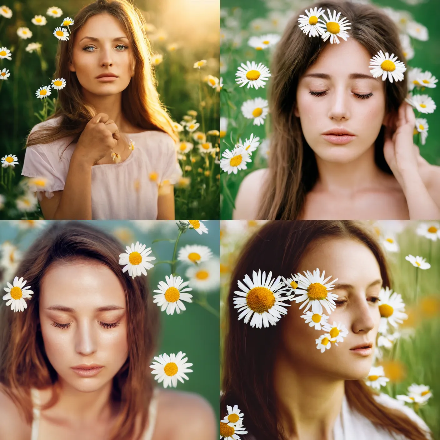 Prompt: head and shoulder frontal face portrait photography of a beautiful woman with daisies over her eyes by mark owen. kodak portra. ( depth of field ). whirl bokeh!!. golden hour. detailed. hq. realistic. warm light. muted colors. lens flare. mamiya 7 ii, f / 1. 2, symmetrical balance, in - frame