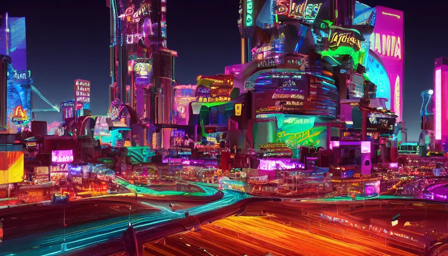 Prompt: Cinematic view of Futuristic Las Vegas with lots of neons and holograms, first person view, hyperdetailed, artstation, cgsociety, 8k