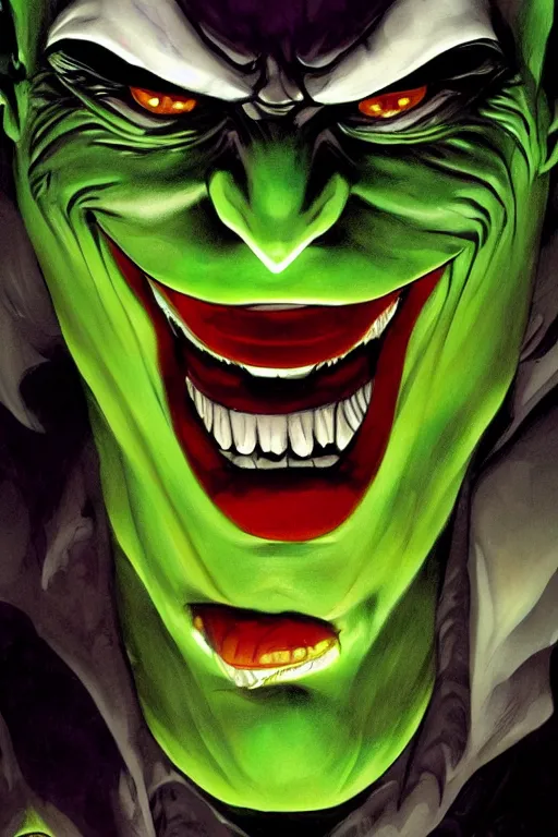 Image similar to angry joker, clenching teeth, with ghost smokes behind, green scary lights, illustration, jason fabok, jim lee, mark brooks, alex ross style, dark fantasy color scheme, cinematic, mysterious