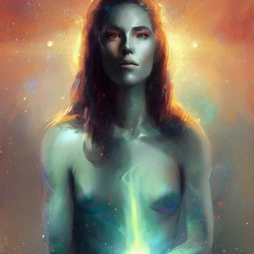 Image similar to a beautiful portrait of a cosmic goddess by Greg Rutkowski, Trending on Artstation, nebula background