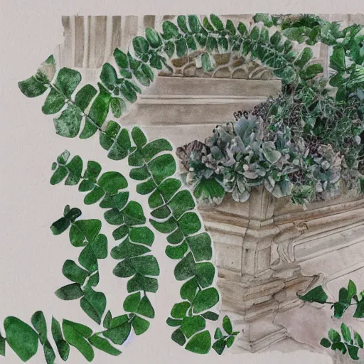 Prompt: delicate marble garden on paper floating puffy vines botanical 1 9 2 0 herbarium botanic watercolors coastline iridescent 8 k wide angle realistic shaded fine details, artstation italian rainbow colonnade oak pinecone gardena architecture pompeii boundary wall