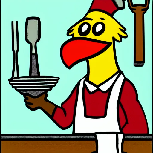 Prompt: clipart of an anthropomorphized hen with a worried expression, wearing an apron, pointing to the kitchen sink