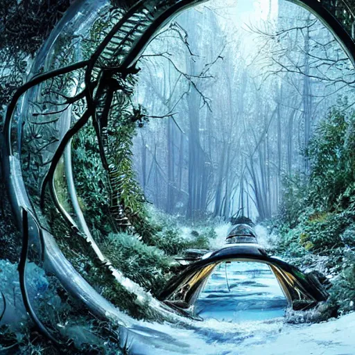 Image similar to frozen derelict portal in a middle of a snowy lush futuristic forest, engine tubes around the portal, green lush world seen only through a portal, daylight, cinematic lighting, blue sky, syd mead, john harris