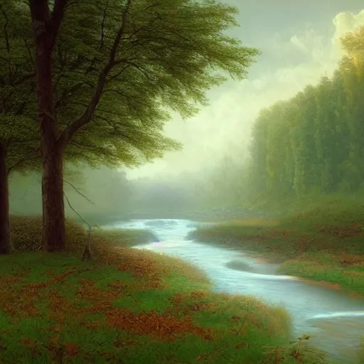 Image similar to A beautiful painting of the wind blowing leaves off a tree in the middle of an empty serene landscape with a river flowing in the distance, cloudy, rainy, ultra realistic, by Albert Bierstadt and Gediminas Pranckevicius