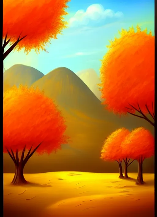 Image similar to beautiful drawing of a landscape in autumn, happy and cartoonish background, by tokenin, by glitchedpuppet, gradient orange, black, cream, brown and white color scheme, trending in artstation, award winning illustration