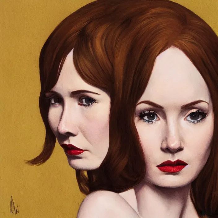 Prompt: a portrait of karen gillan, slight smile, dramatic, dark background, by mel ramos, by lauren brevner, by lizzie riches