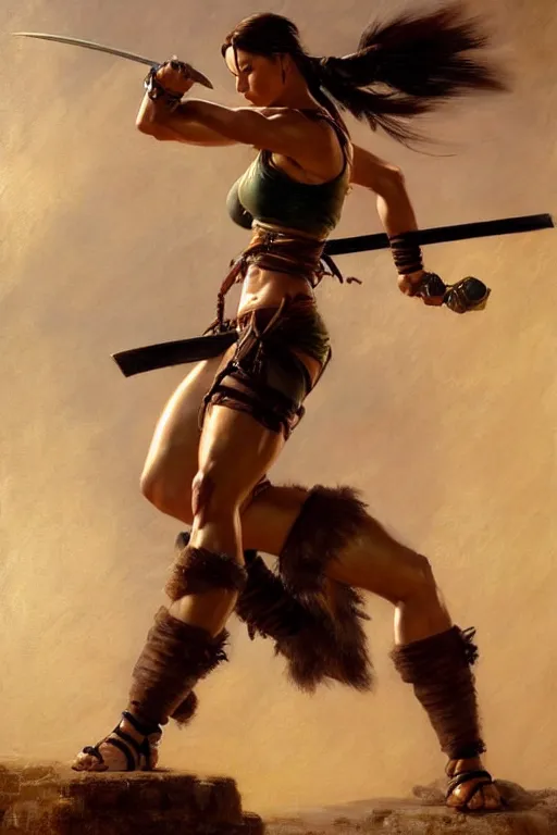 Image similar to muscular sweat lara croft as samurai, highly detailed painting by gaston bussiere, craig mullins, j. c. leyendecker 8 k