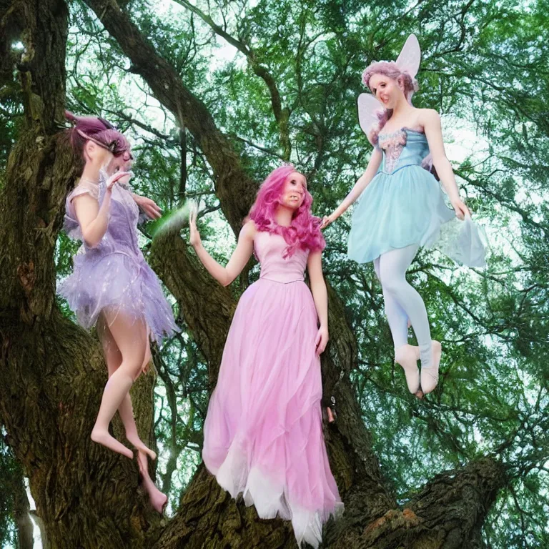 Image similar to a fairy and a disney princess having a conversation on top of a tall tree, aesthetic, pastel style, pastel coloring, beautiful angle