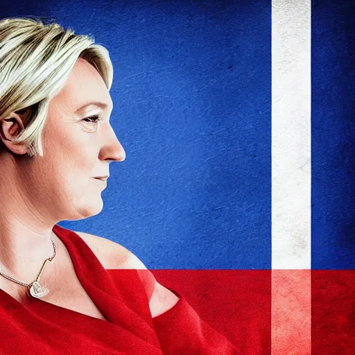 Image similar to Portrait of Marine Le Pen, french flag, amazing splashscreen artwork, splash art, head slightly tilted, natural light, elegant, intricate, fantasy, atmospheric lighting, cinematic, matte painting