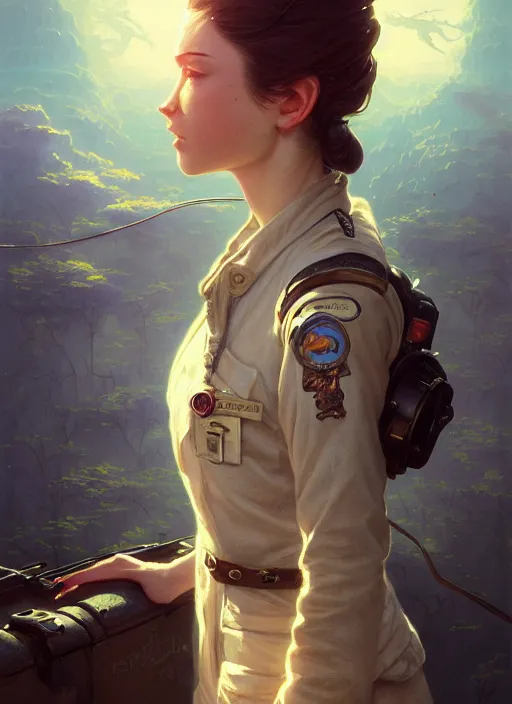 Image similar to highly detailed portrait of a female pilot, cracked porcelain skin, stephen bliss, unreal engine, fantasy art by greg rutkowski, loish, rhads, ferdinand knab, makoto shinkai and lois van baarle, ilya kuvshinov, rossdraws, tom bagshaw, alphonse mucha, global illumination, radiant light, detailed and intricate environment