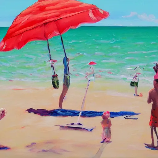 Image similar to a painting of people on a beach with umbrellas, a detailed painting by Emily Mason, featured on tumblr, action painting, detailed painting, oil on canvas, painterly