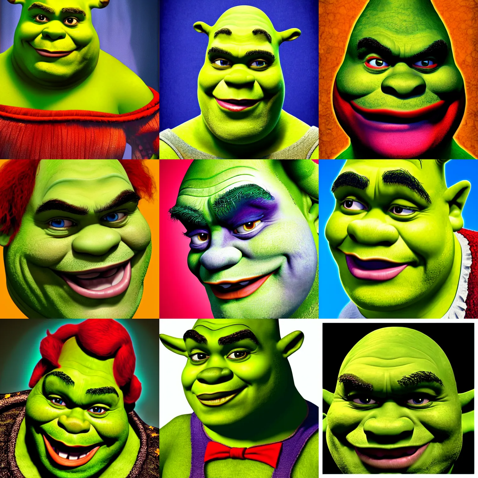 Prompt: shrek portrait, he is wearking clown makeup