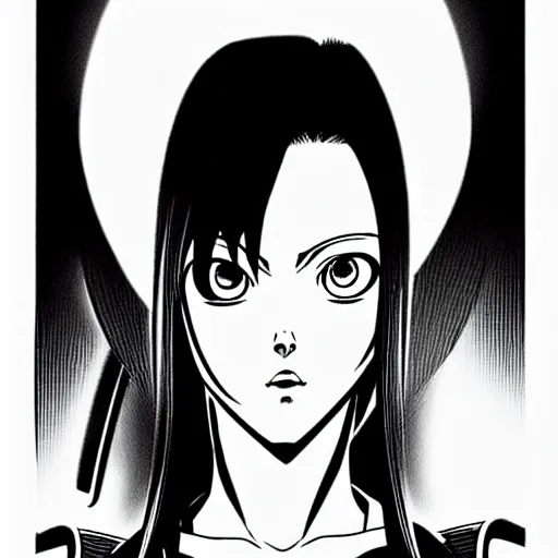 Image similar to alita by yukito kishiro. medium shot. black and white manga. pencil drawing. high detailed face