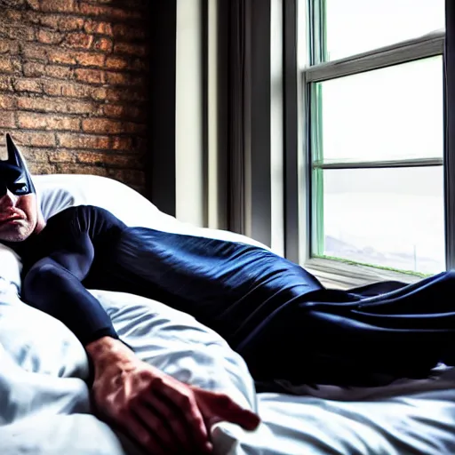 Image similar to man sleeping in bed with batman lurking menacingly in the window