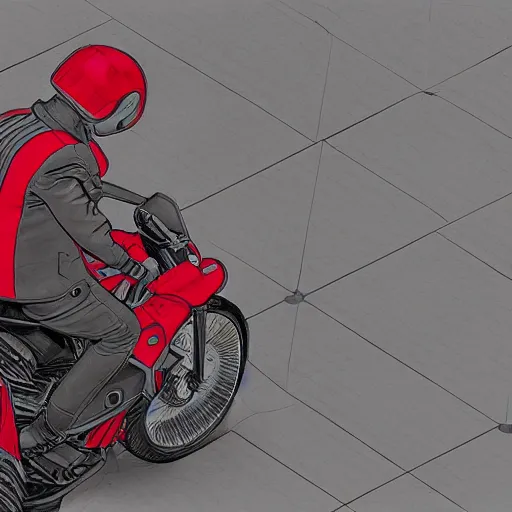 Image similar to isometric view, man with a red jacket walking toward a red futuristic racing motorbike!!!!!!!!!, pencil drawing, panoramic view, wide angle, ultra realistic, intricate details, cyberpunk, ultra detailed, sharp focus, trending on artstation