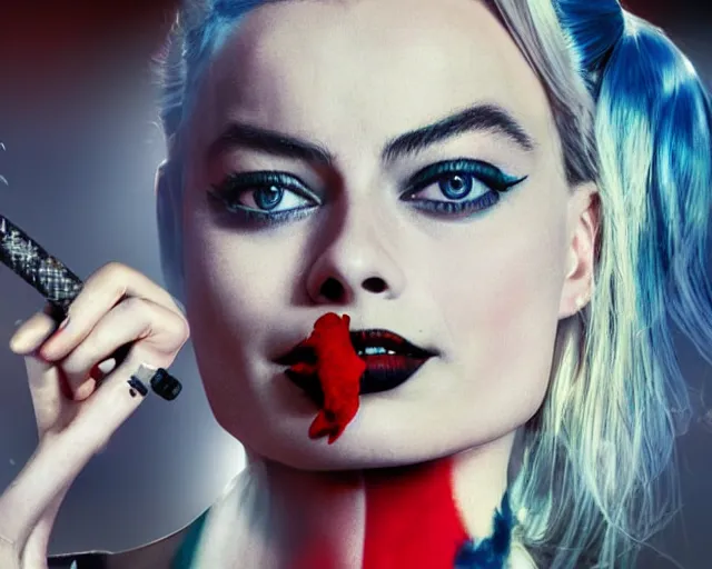 Prompt: Margot Robbie as a harley quinn smoking a cigarette in a sexy way, smoke cloud, cinematic, 4k digital art, highly detailed