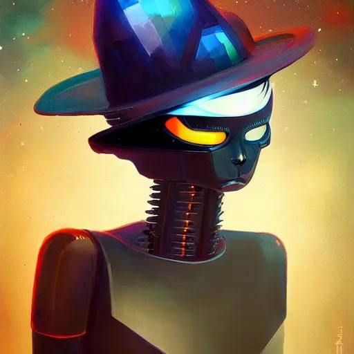 Prompt: a half robot cat wearing a hat medium shot, asymmetrical, profile picture, organic painting, nebula, matte painting, bold shapes, hard edges, street art, trending on artstation, by huang guangjian and gil elvgren and sachin teng