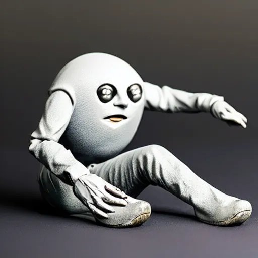 Image similar to photo of plastic painted toy figurine collectible grey moon with creepy smiling face with large craters with hands standing on legs in sneakers