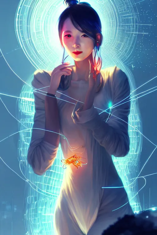 Image similar to portrait futuristic wizard Girl with fire and sparkles and firefly, lovely smile, in future cyberpunk tokyo rooftop , ssci-fi, fantasy, intricate, very very beautiful, elegant, human anatomy, human structure, neon light, highly detailed, digital painting, artstation, concept art, smooth, sharp focus, illustration, art by tian zi and WLOP and alphonse mucha