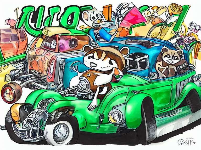 Image similar to cute and funny, racoon riding in a tiny hot rod coupe with oversized engine, ratfink style by ed roth, centered award winning watercolor pen illustration, isometric illustration by chihiro iwasaki, edited by range murata