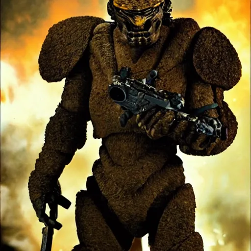 Prompt: cinematic, 4 k, full body portrait, rock golem as a soldier smoking a cigarette, still from the movie predator, starship troopers