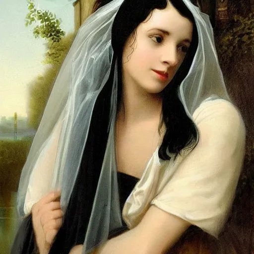 Prompt: beautiful woman with black hair, dressed in a wet transparent white veil, sitting near a river, photorealistic, movie still, in a neoclassicism art style