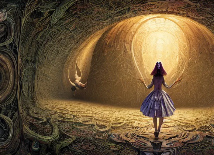 Image similar to vfx surreal 3 d portrait of alice from wonderland walking into a non - euclidean and infinite tunnel of evanescent hallucinatory images, reflections in endless mirrors, hyperdetailed, octane render, sharp focus, concept art, intricate by alex grey, greg rutkowski jeff soto and daniel merriam, dan mumford and pixar, nvidia raytracing demo