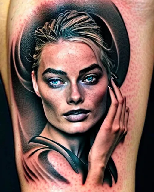 Image similar to creative double exposure effect tattoo design sketch of margot robbie face blended in beautiful mountain scenery, realism tattoo, in the style of matteo pasqualin, amazing detail, sharp