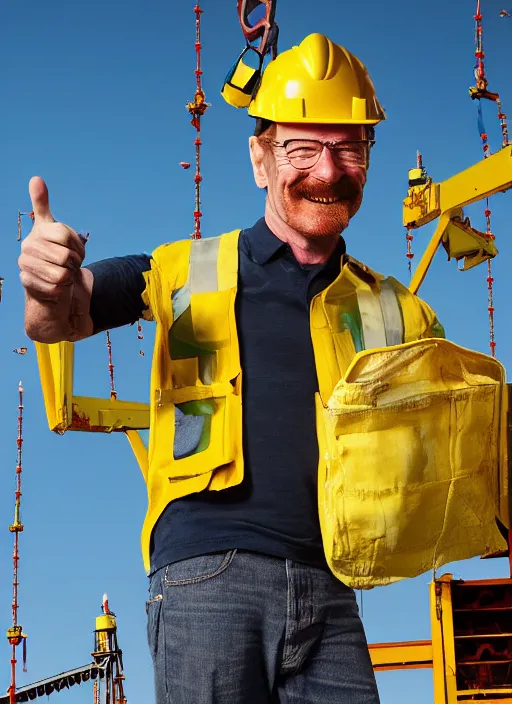 Prompt: closeup portrait of cheerful bryan cranston with crane arms, construction, yellow hardhat, sitting in a crane, natural light, bloom, detailed face, magazine, press, photo, steve mccurry, david lazar, canon, nikon, focus