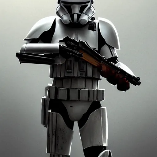 Image similar to an extremely long shot of an imperial stormtrooper in battle position ready to shoot his blaster concept art by Doug Chiang cinematic, realistic painting, high definition, very detailed, extremely high detail, photo realistic, concept art, the Mandalorian concept art style