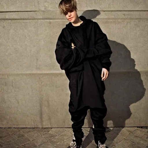 Image similar to the 2 0 2 2 award winning photo of justin bieber wearing a trash bag, cinematic, atmospheric, susan worsham photograph