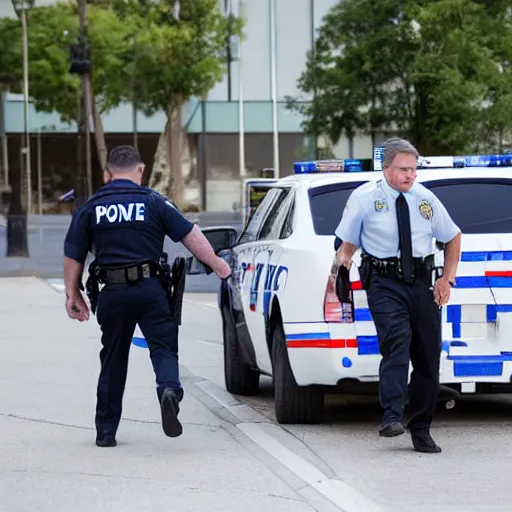 Image similar to fbi director Christopher wray getting arrested by police agents, photo 85mm, f/1.3