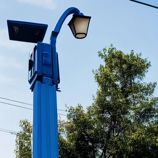 Prompt: blue truck dangling from atop a street light pole