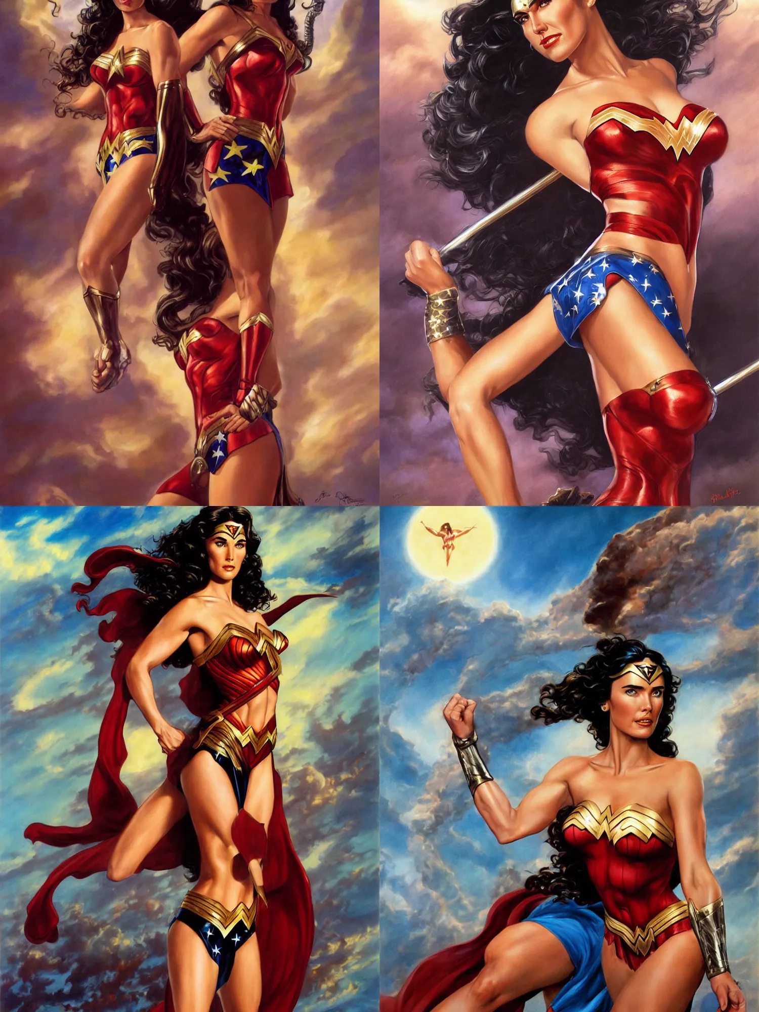 Prompt: A portrait of Jennifer Connelly dressed as wonder woman , by Boris Vallejo , Julie Bell , Brom , Frank Frazetta , Jeff Easley cinematic , high quality ,extremely detailed , trending on artstation , rule of thirds, golden ratio