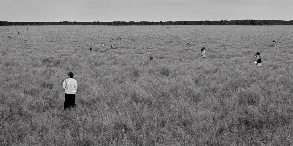 Image similar to the main cast of seinfeld in the distance in a wide open field, photograph by andrei tarkovsky