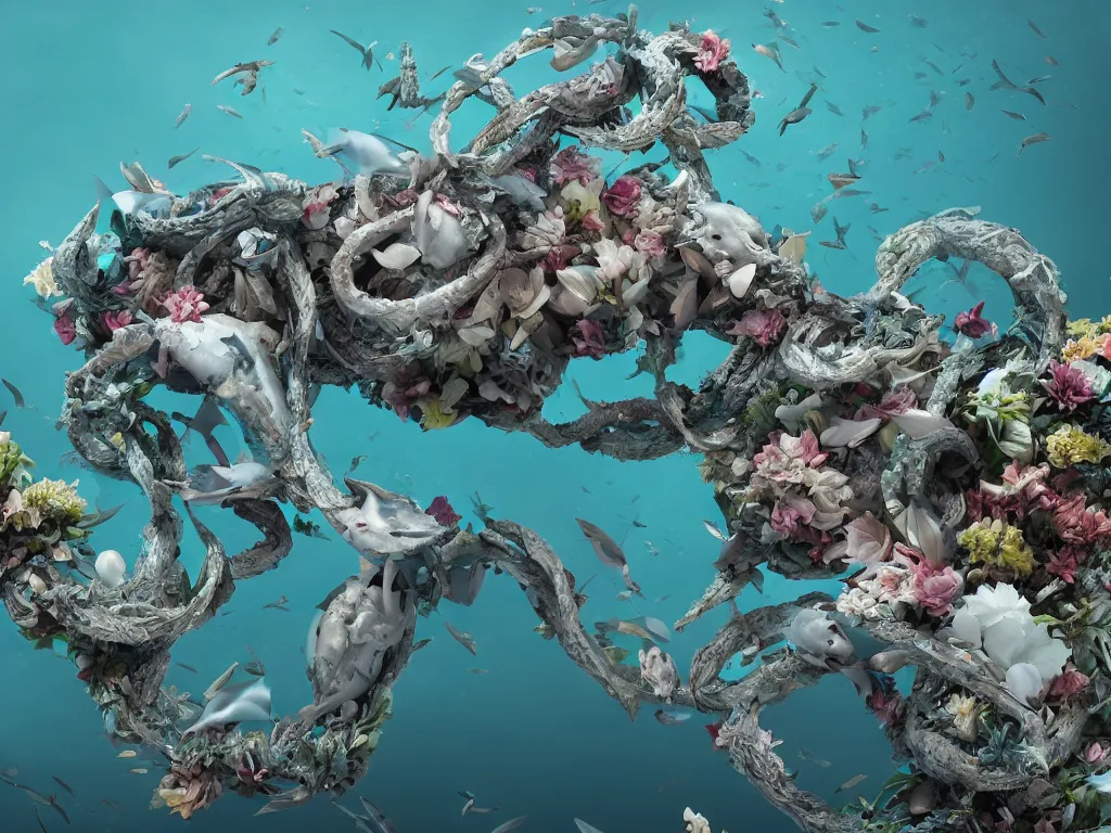 Prompt: a sculpture of ocean shark intertwined, a lovely cornucopia of flowers and human body parts, body parts, highly detailed, octane render, cinematic, shock, sharp focus