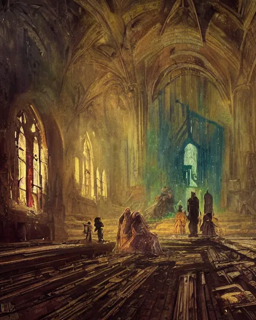 Prompt: a highly detailed epic cinematic concept art CG render digital painting artwork: old dead couple at a decayed church altar surrounded by dark figures. triadic color scheme, By Greg Rutkowski, in the style of Francis Bacon and Syd Mead and Edward Hopper and Norman Rockwell and Beksinski, open ceiling, highly detailed, painted by Francis Bacon, painted by James Gilleard, surrealism, airbrush, Ilya Kuvshinov, WLOP, Stanley Artgerm, very coherent, art by Takato Yamamoto and James Jean