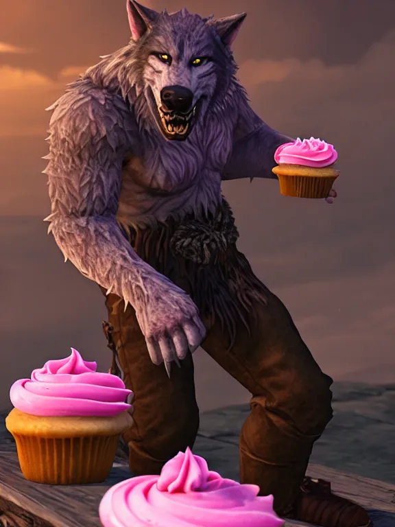 Image similar to cute handsome cuddly burly surly relaxed calm timid werewolf from van helsing holding a cute cupcake with pink frosting in a candy shop sweet unreal engine hyperreallistic render 8k character concept art masterpiece screenshot from the video game the Elder Scrolls V: Skyrim