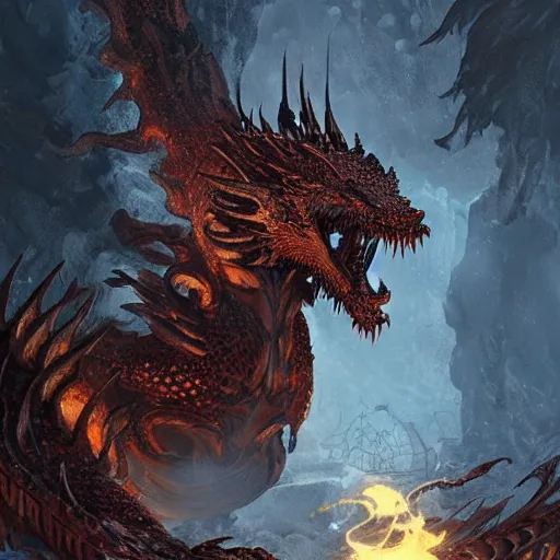 Image similar to A ferocious molten metal dragon guarding the sacred grove, with scales glowing from its internal heat, DnD digital concept art by Greg Rutkowski