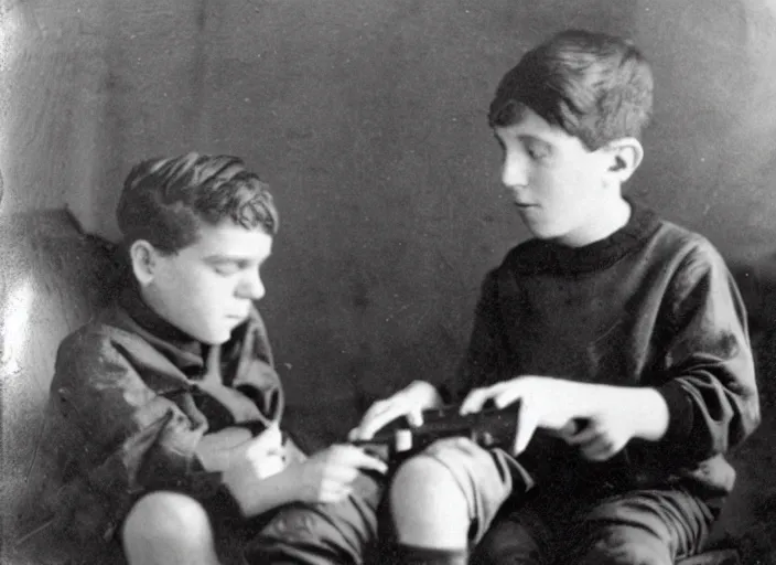 Prompt: a daguerrotype photo of a boy playing videogames, award winning photo