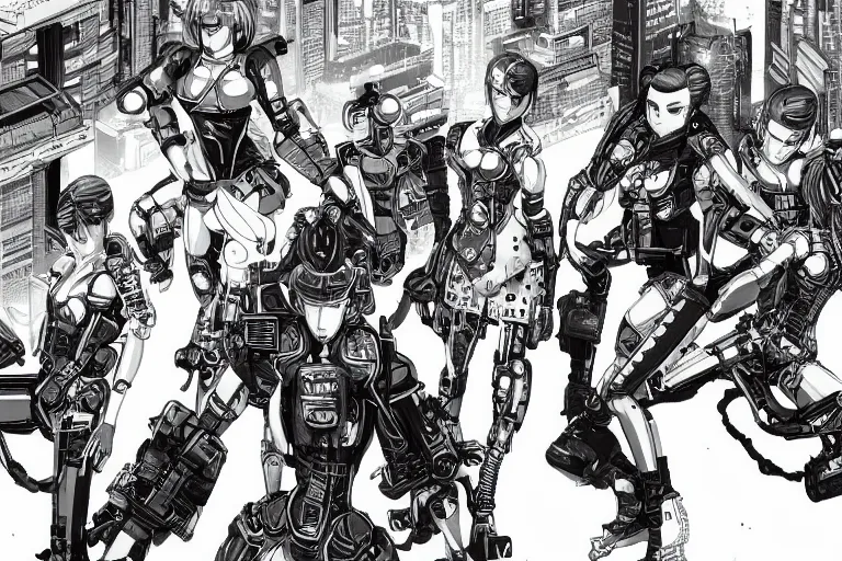 Prompt: a cyberpunk illustration of a group of female androids in style of masamune shirow, repairing each other after a huge battle. Many of the androids will not survive, hyper-detailed, intricate, view from above