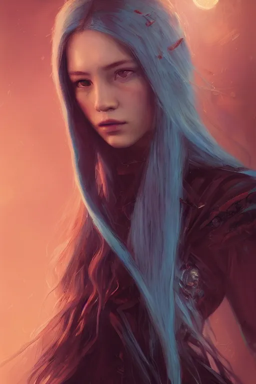Image similar to a fancy portrait of a beautiful young girl with long blue hair and red eyes by greg rutkowski, sung choi, mitchell mohrhauser, maciej kuciara, johnson ting, maxim verehin, peter konig, bloodborne, 8 k photorealistic, cinematic lighting, hd, high details, dramatic, dark atmosphere, trending on artstation