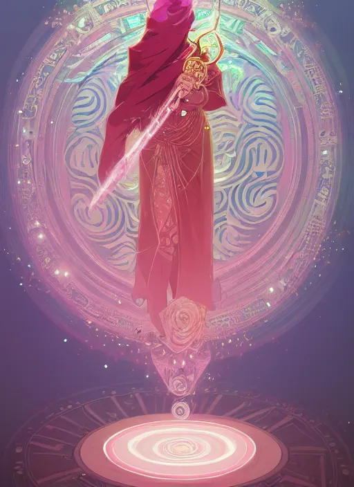 Image similar to a levitating magician surrounded by spirals of sparkling crystal, diamond and rose quartz, full body view, beautiful high quality realistic fantasy art but its hyper light drifter, trending on artstation by alphonse mucha
