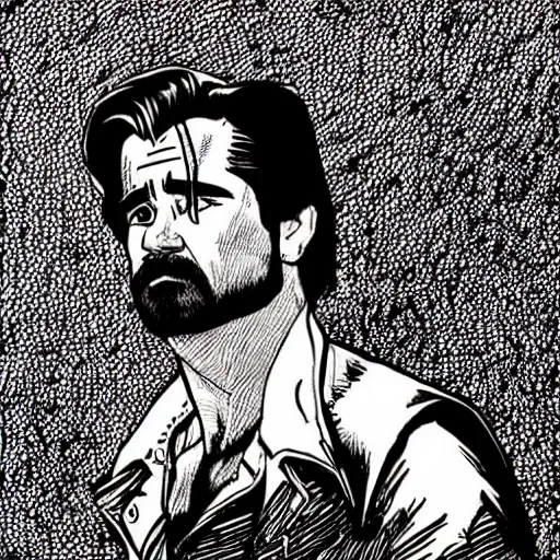 Image similar to “ colin farrell retro minimalist portrait by jean giraud, moebius starwatcher, high detail, intricate linework, sharp, smooth face, colors, comic, 8 k ”