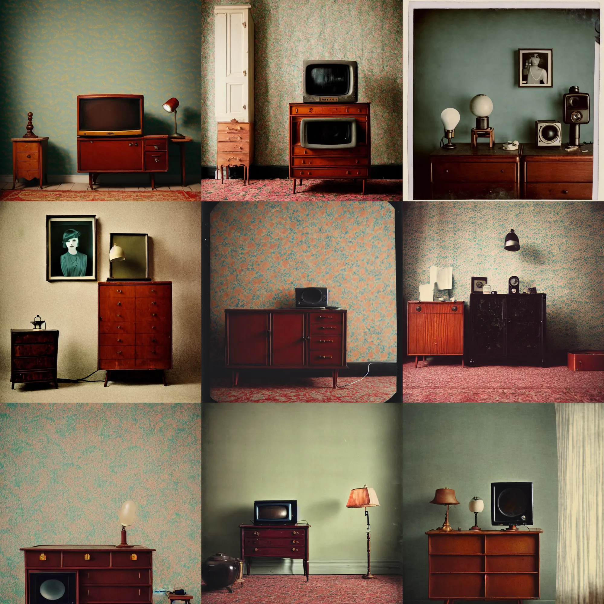 Prompt: kodak portra 4 0 0, wetplate, portrait photo by britt marling, 1 9 2 0 s room, 1 9 2 0 s furniture, wallpaper, carpet, shining lamp, a giant vintage television, muted colours, blueberry, wood, fog,