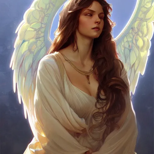 Image similar to portrait of angel wings highly detailed, digital painting, artstation, concept art, smooth, sharp focus, illustration, art by artgerm and greg rutkowski and alphonse mucha