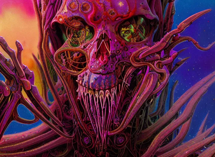 Prompt: A psychedelic portrait of Gene Simmons skeletal mind flayer psion, vibrant color scheme, highly detailed, in the style of romanticism, cinematic, artstation, Moebius, Greg rutkowski futurism, no blur, 4k resolution, sharp ages, ultra detailed, style of John Berkey, Norman Rockwell, Hans Thoma, Ivan Shishkin, Tyler Edlin, Thomas Kinkad