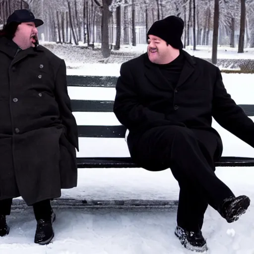 Image similar to Kevin Malone wearing a black ushanka hat and black wool overcoat sitting on a park bench during the winter